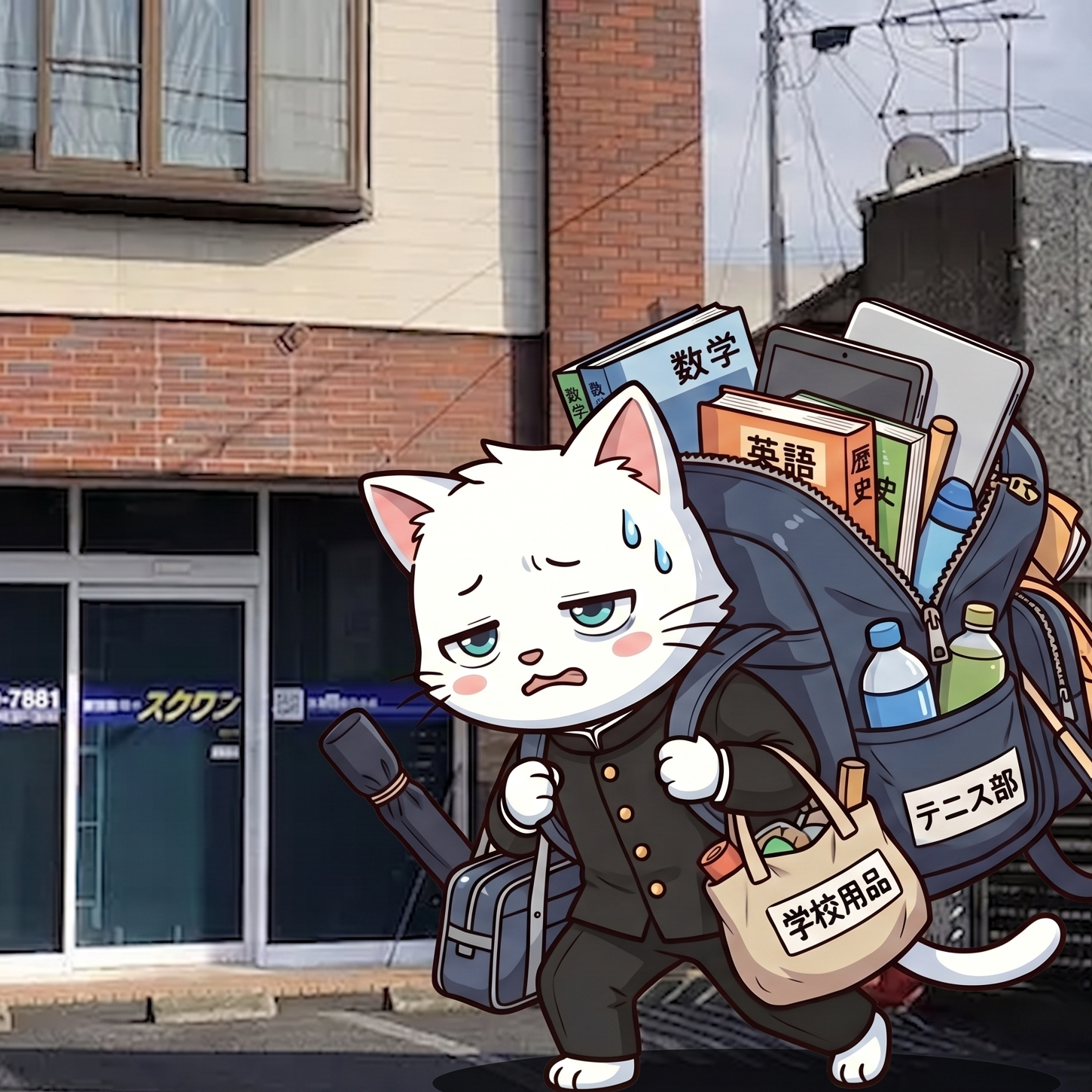 重い荷物を背負って帰る中学生